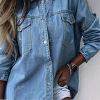 Women's Oversize Denim Shirt Jacket with Fringe Hem, Chest Pockets and Destroyed Detail Fashion Glam