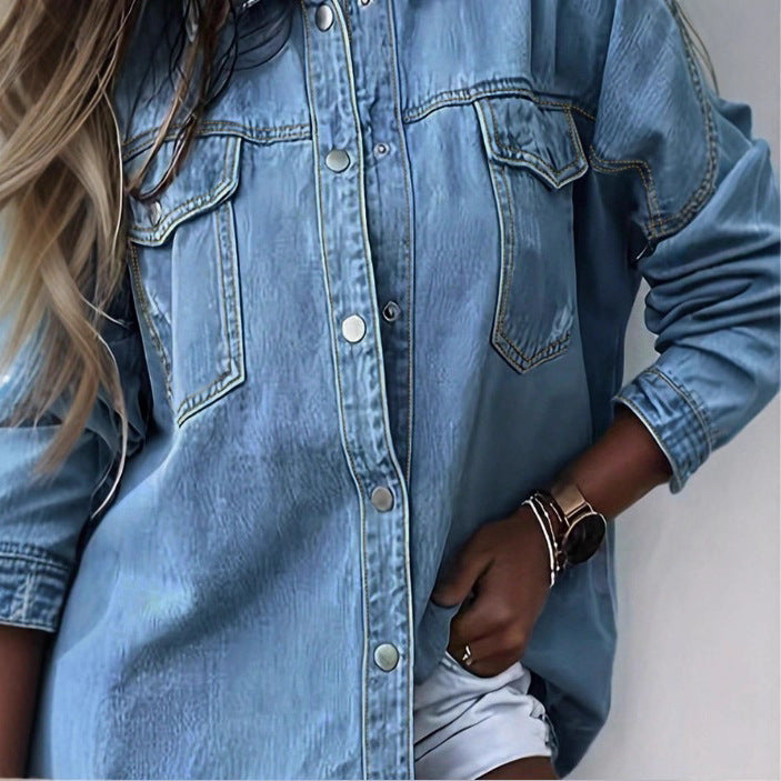 Women's Oversize Denim Shirt Jacket with Fringe Hem, Chest Pockets and Destroyed Detail Fashion Glam