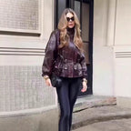 Women Faux Leather Parka with Stand Collar, Waist Drawstring, and Placket Pockets Fashion Glam
