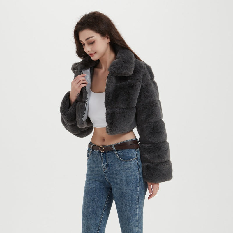 Women's Cropped Faux Fur Jacket with Horizontal Panel Structure and Zipper Fashion Glam