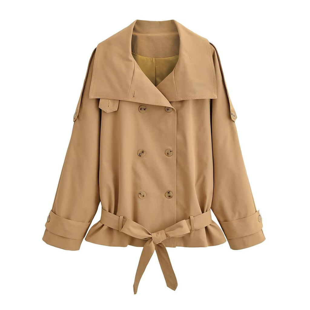 Women's Short Trench Coat with Cap Collar, Shoulder Tabs and Bow Tie Waist Belt Fashion Glam