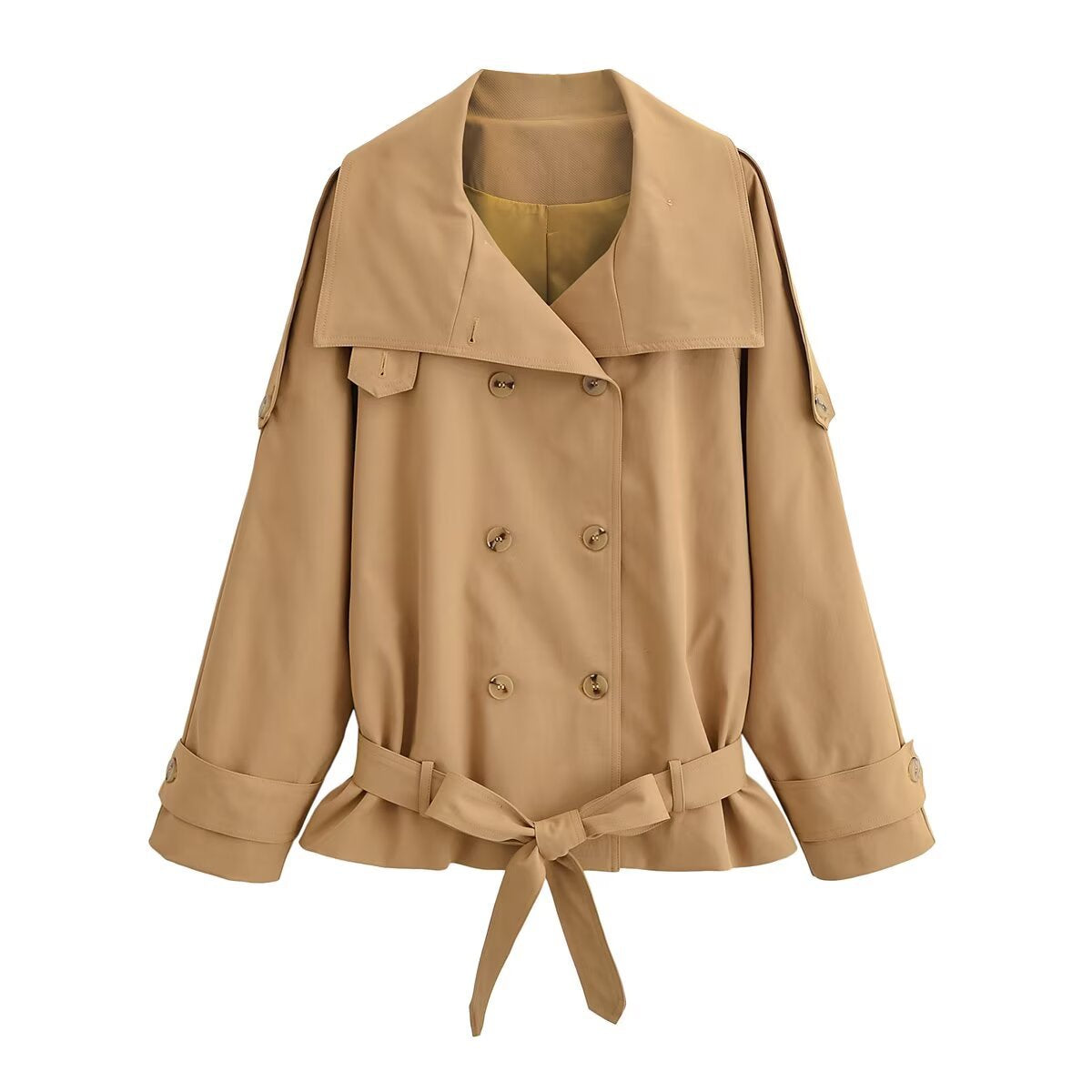 Women's Short Trench Coat with Cap Collar, Shoulder Tabs and Bow Tie Waist Belt Fashion Glam