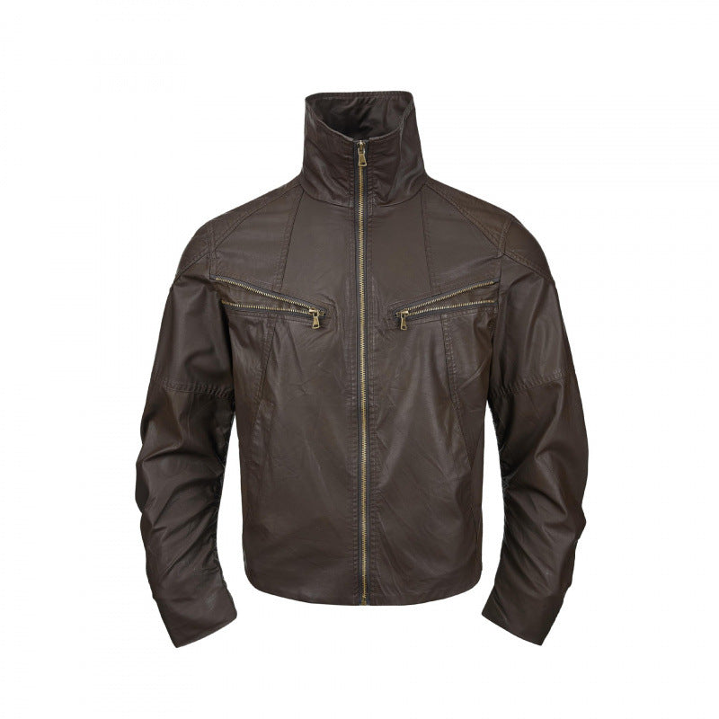 Men's short jacket in leather look with high stand-up collar, two diagonal chest zippers and vintage metal details Fashion Glam