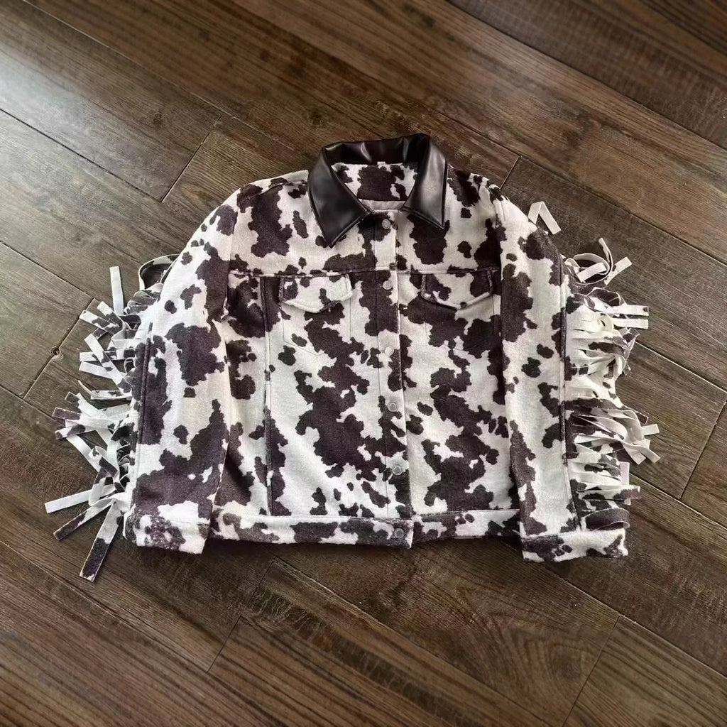 Women’s teddy trucker jacket with cow spot pattern and faux leather collar Fashion Glam