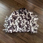 Women’s teddy trucker jacket with cow spot pattern and faux leather collar Fashion Glam