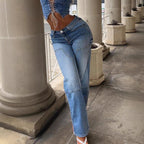 Women wide-cut high-waist carpenter jeans with knee panels, side pocket and hem slits Fashion Glam