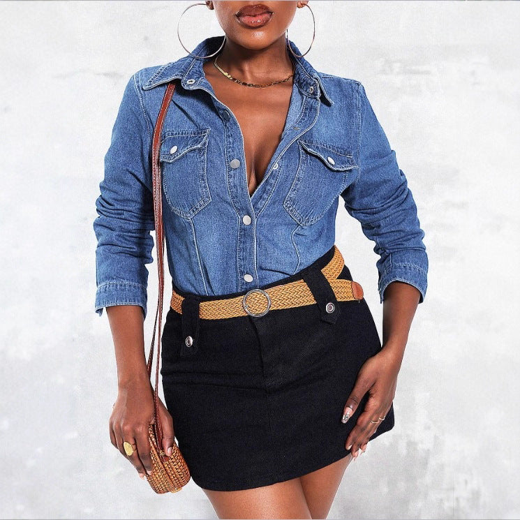 Women's tailored denim shirt with patch pockets and snap front Fashion Glam