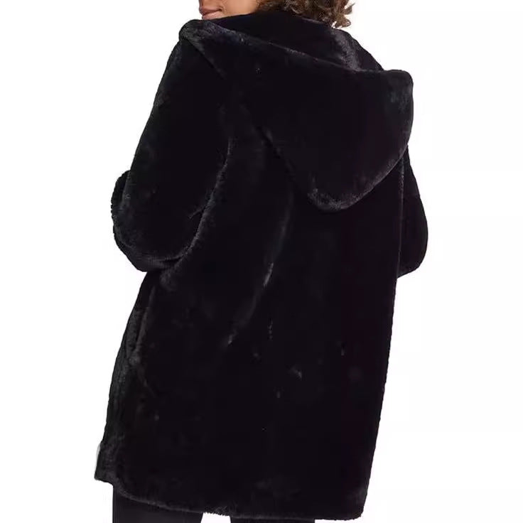 Women's Midi-Length Hooded Faux Fur Coat with Open Front and Lined Insert Pockets Fashion Glam