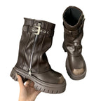 Women’s Mid-Calf Biker Boots with Zipper, Buckle Strap, and Chunky Platform Sole Fashion Glam