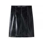 Ladies Long Patent Leather Blazer with Tailored Silhouette, Deep V-Neck and Decorative Buttons Fashion Glam