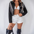 Women short cut denim jacket with silver fringes and button placket Fashion Glam