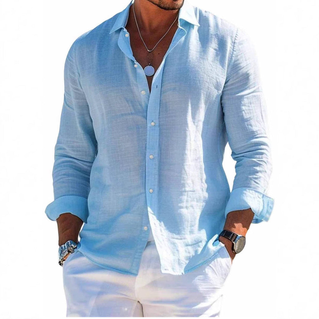 Men's structured linen shirt with open collar, lightweight texture and casual-tailored fit Fashion Glam
