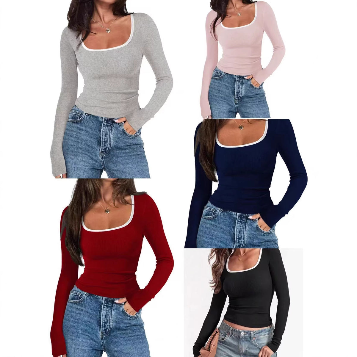 Ladies fitted rib shirt with wide square neckline and contrast edge Fashion Glam