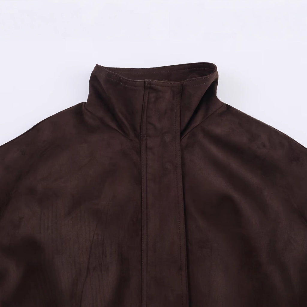 Women's Short Oversized Suede-Look Bomber Jacket with Stand-Up Collar and Elastic Hem Fashion Glam