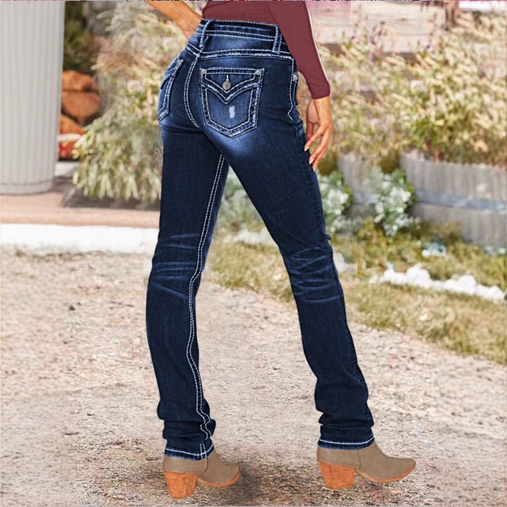 Women Sculpting Straight Denim with contrasting seam details and destroyed details Fashion Glam