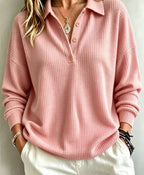 Ladies waffle knit polo with oversized fit, button placket and roll neck look Fashion Glam