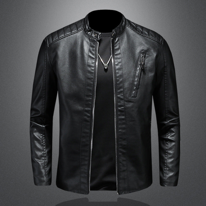 Men's Slim Leather Jacket in Biker Look with Stand-Up Collar and Vertical Chest Pocket Fashion Glam