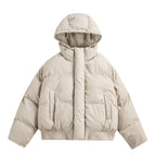 Women's Cropped Insulating Puffer Jacket in Boxy Cut with Voluminous Hood, Stand Collar and Ribbed Cuff Fashion Glam