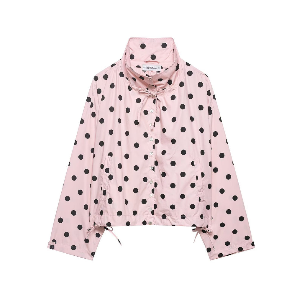 Women's Lightweight Polka Dot Wind Jacket with Stand-Up Collar and Drawstring Fashion Glam