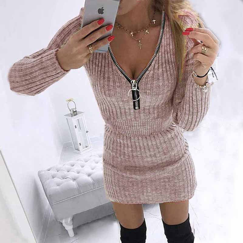 Women's Form-fitting Knit Dress with Deep Zipper and Rib Structure Fashion Glam