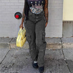 Women's Cargo Denim Pants with High Waist, Loose Baggy Cut and Functional Flap Pockets Fashion Glam