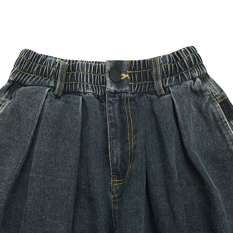 Ladies Wide Denim Pants with Pleats, Elastic Waistband and Casual Silhouette Fashion Glam