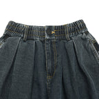 Ladies Wide Denim Pants with Pleats, Elastic Waistband and Casual Silhouette Fashion Glam