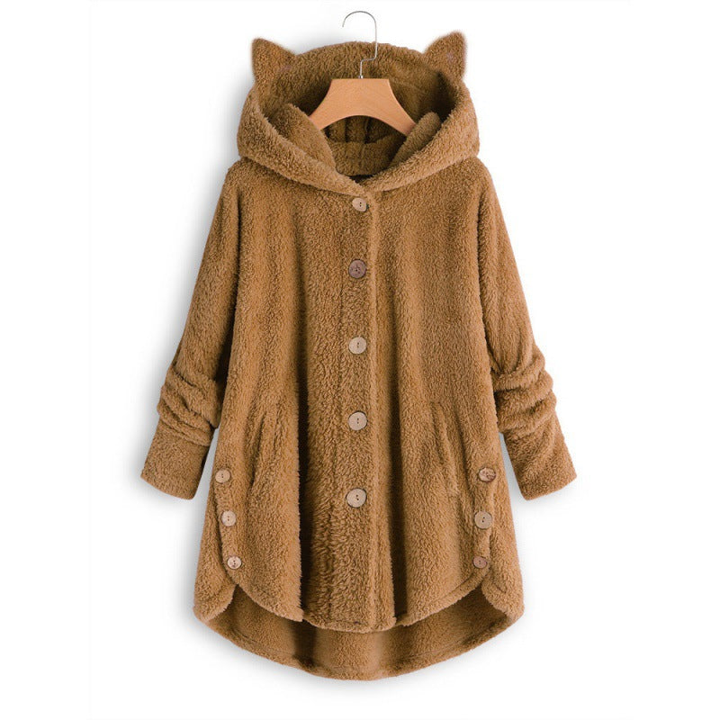 Women's Hooded Teddy Coat with Cat Ears, Button Placket and Asymmetrical Hem Fashion Glam