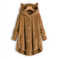 Women's Hooded Teddy Coat with Cat Ears, Button Placket and Asymmetrical Hem Fashion Glam