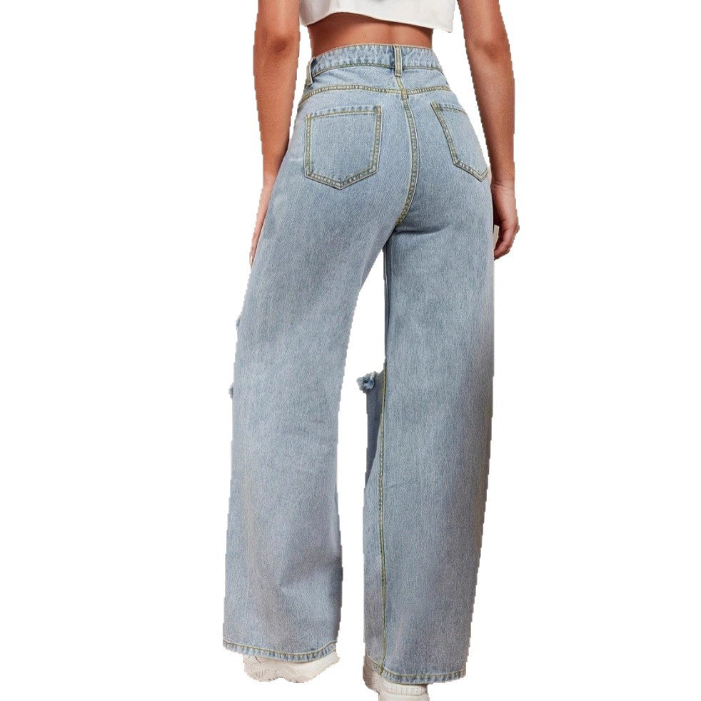 Ladies high-waisted baggy jeans in wide-leg with multi-level knee cutouts Fashion Glam