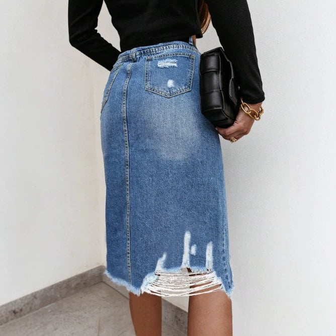 Women's High-Waisted Destroyed Denim Midi Skirt with Center Front Slit and Frayed Hem Fashion Glam