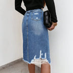 Women's High-Waisted Destroyed Denim Midi Skirt with Center Front Slit and Frayed Hem Fashion Glam