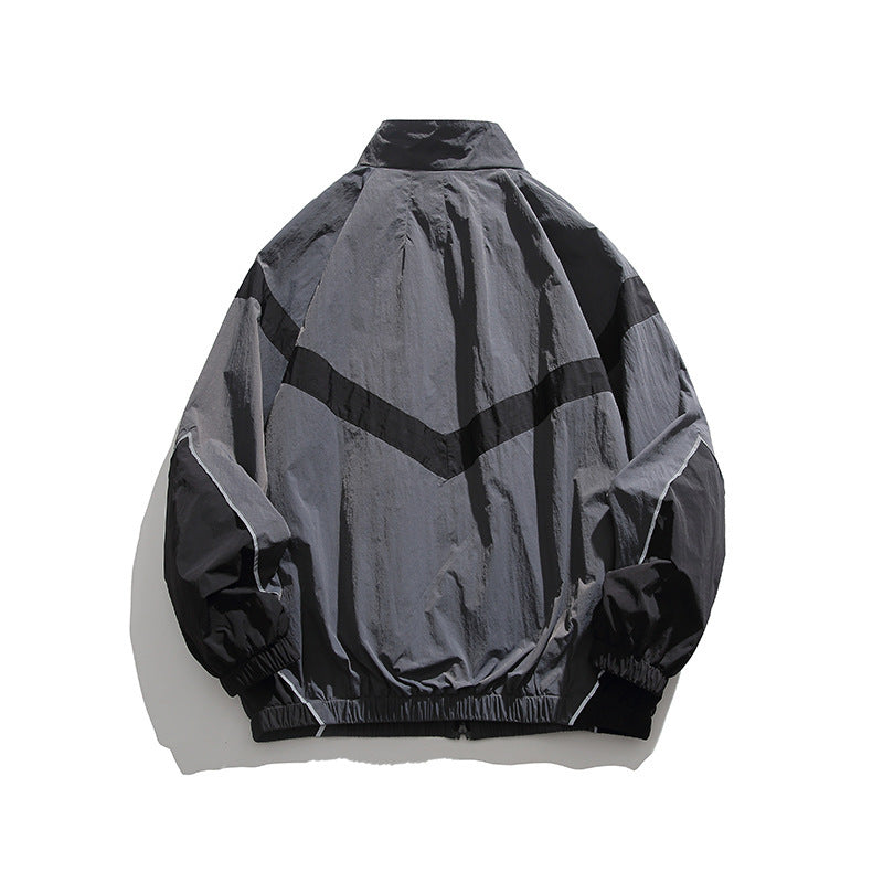 Men's Lightweight Oversize Windbreaker Jacket with Chevron Panels, Stand Collar and Elastic Hem Fashion Glam