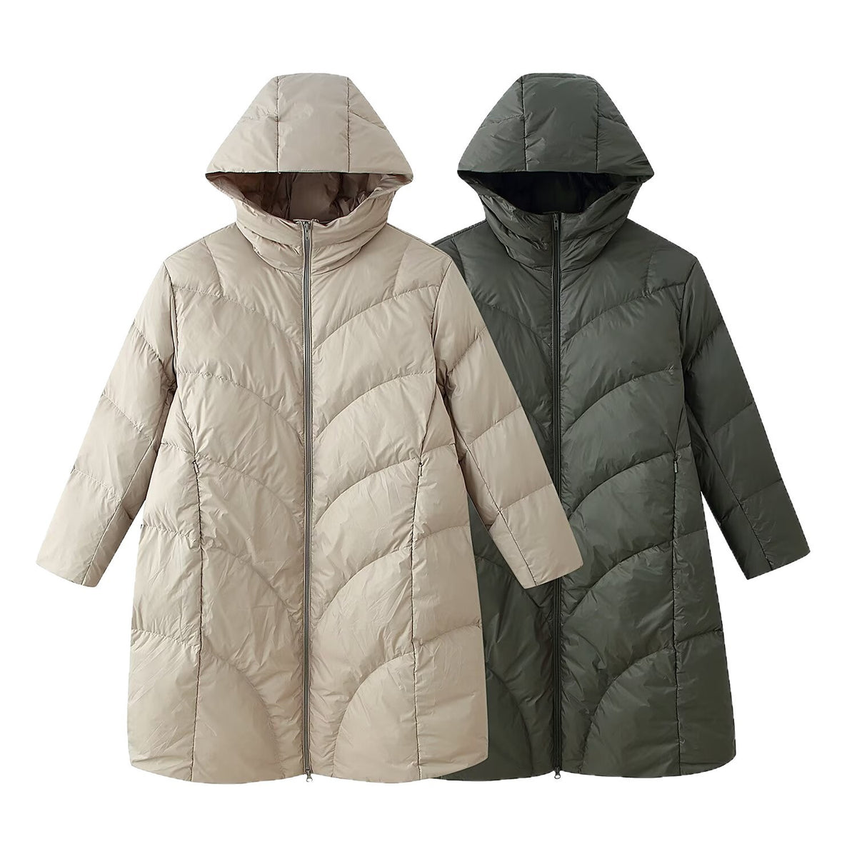 Women's longer padded quilted coat with hood and double zipper Fashion Glam