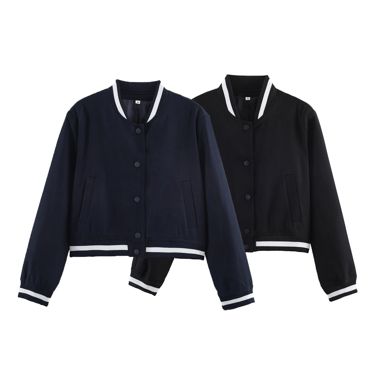 Women's short-cut college bomber jacket with ribbed striped collar and snap button placket Fashion Glam