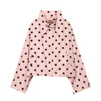 Women's Polka Dot Cropped Blouson Jacket with High Stand Collar, Drawstring and Button Placket Fashion Glam