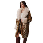 Women's Mid-Length Faux Fur Coat with Contrasting High-Pile Shawl Collar and Leopard Print Fashion Glam