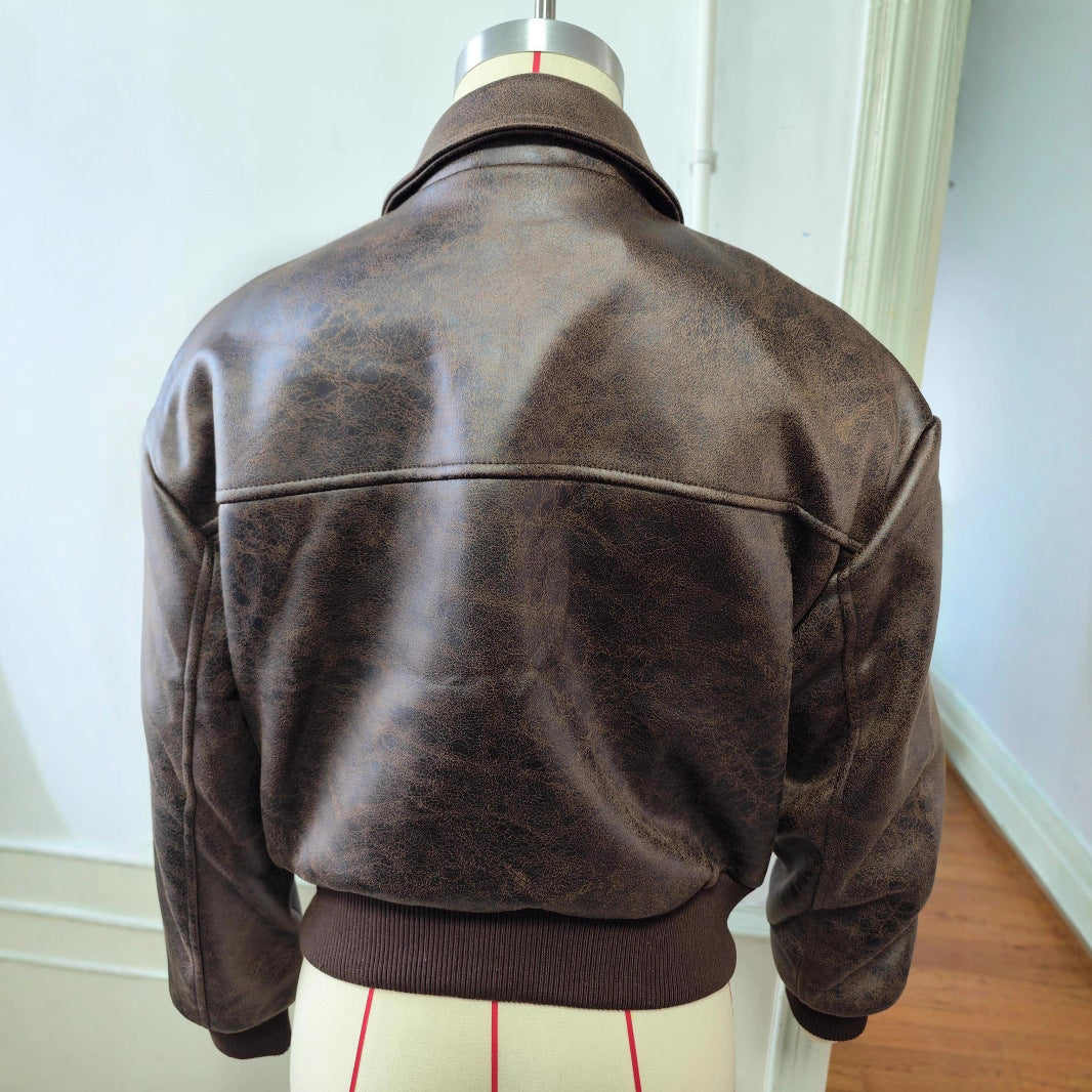 Women Short Cut Bomber Jacket made of Faux Leather with Large Flap Pockets Fashion Glam