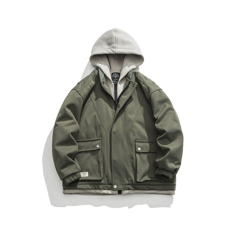 Men's Two-Layer Utility Jacket with Integrated Hood Inner Layer and Flap Pockets Fashion Glam