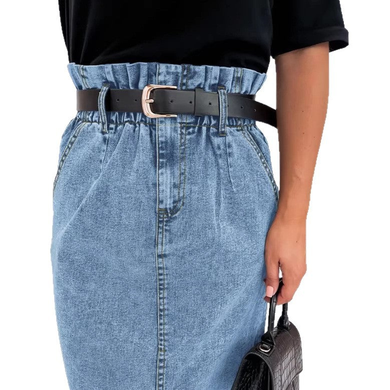 Women's High-Waisted Paperbag Denim Midi Skirt with Front Slit and Tied Belt Fashion Glam