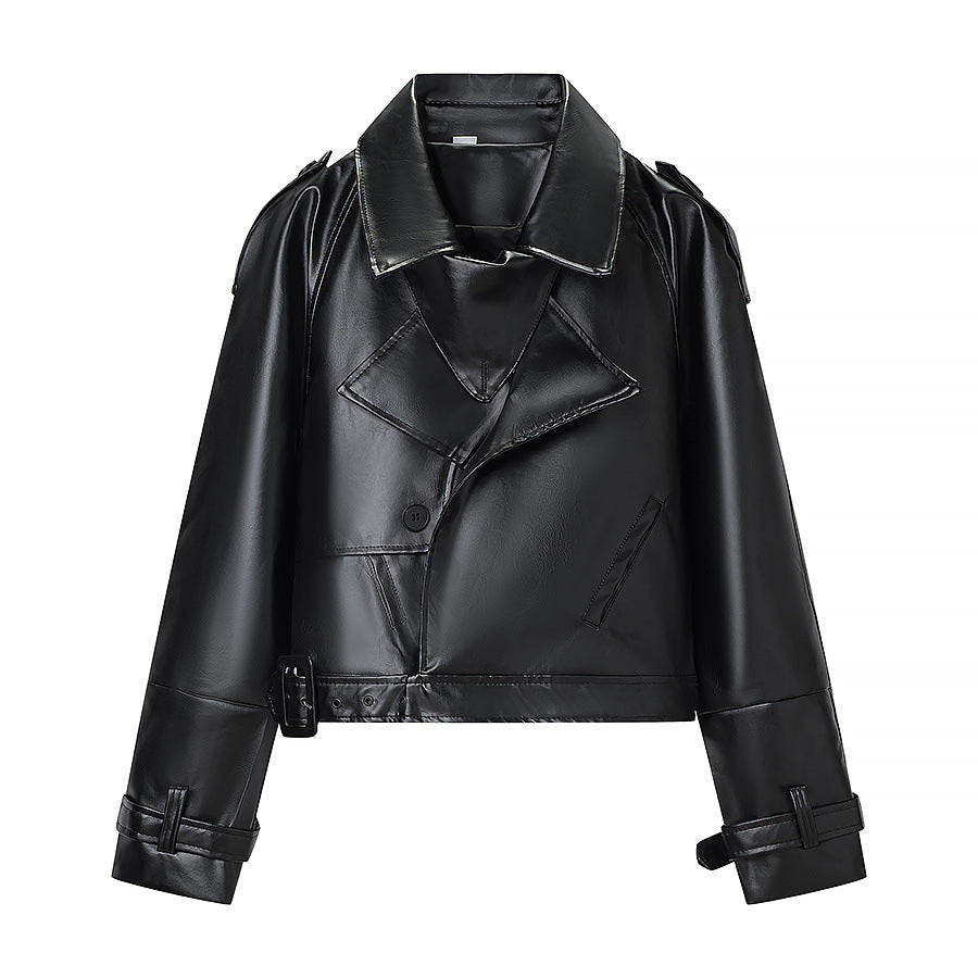 Ladies short cut biker jacket made of faux leather with asymmetrical front and waist belt Fashion Glam