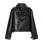 Ladies short cut biker jacket made of faux leather with asymmetrical front and waist belt Fashion Glam