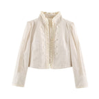 Women tailored short jacket with ruffled collar and decorative button placket Fashion Glam