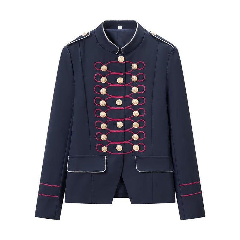 Women’s military-inspired parade jacket with stand-up collar and decorative button placket Fashion Glam