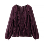 Ladies Voluminous Chiffon Blouse with Layered Ruffles and Button Closure Fashion Glam