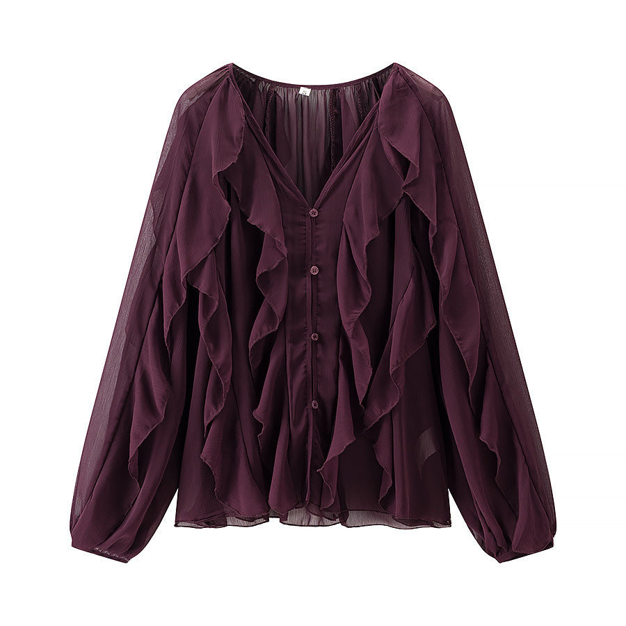Ladies Voluminous Chiffon Blouse with Layered Ruffles and Button Closure Fashion Glam