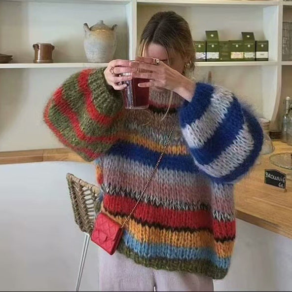 Women Oversize Knit Sweater in Mohair Look with Colorful Block Stripes Fashion Glam
