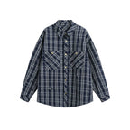 Unisex Boxy Shirt Jacket in plaid flannel look with patch chest pockets and used details Fashion Glam