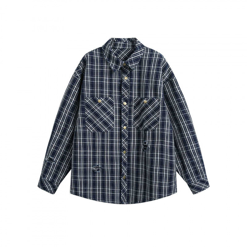 Unisex Boxy Shirt Jacket in plaid flannel look with patch chest pockets and used details Fashion Glam