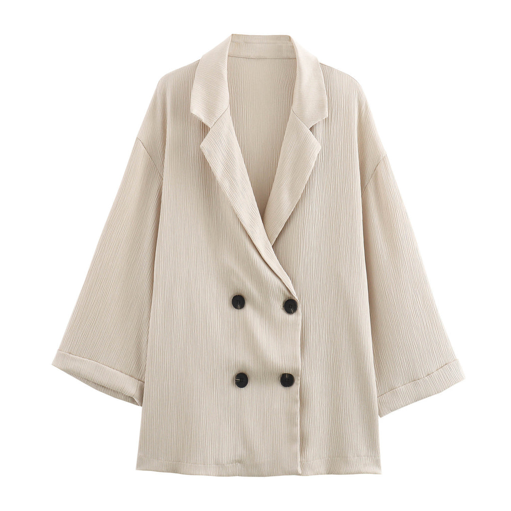 Ladies Oversized Double-Breasted Blazer with Pleated Structure and Three-Quarter Sleeves Fashion Glam